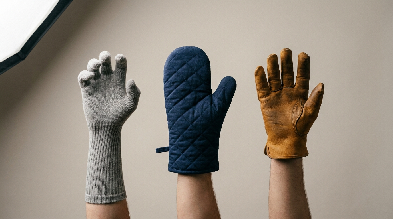 Three hands side by side wearing a tube sock, an oven mitt and a leather work glove