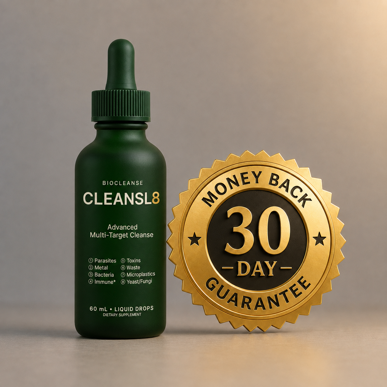 CLEANSL8 bottle with 30-Day Money Back Guarantee seal