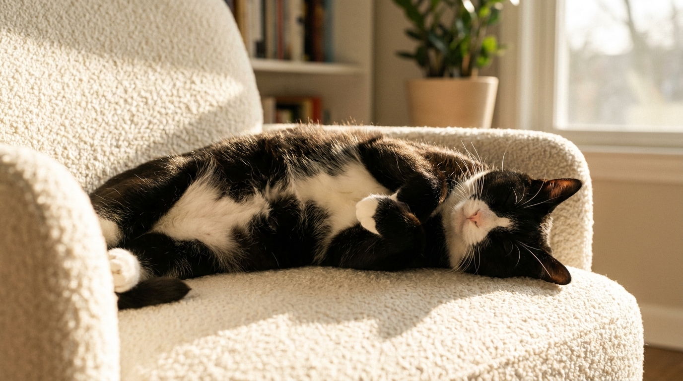 A tuxedo cat asleep on a cream armchair in warm afternoon sunlight