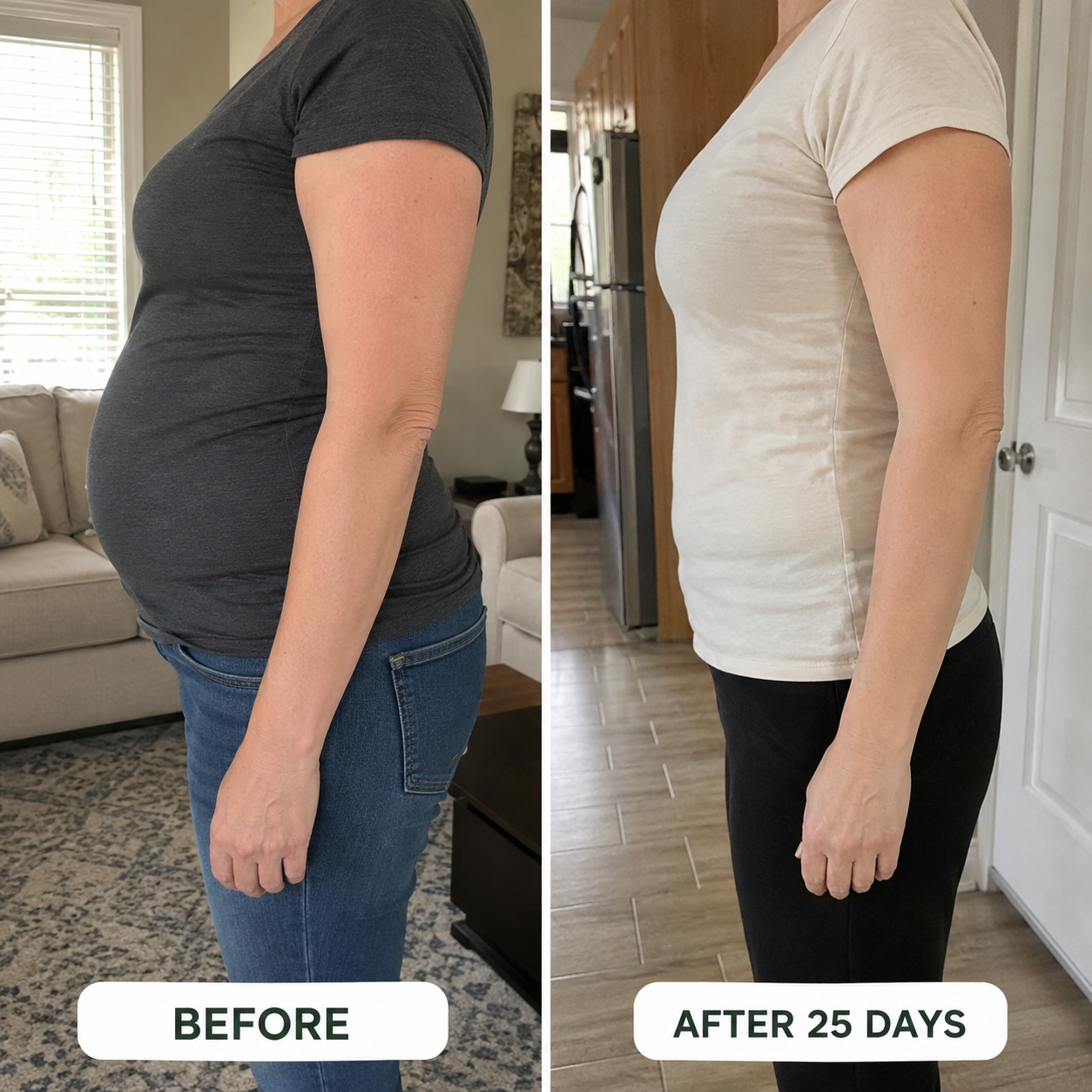 Before and after — 25 days, less bloating