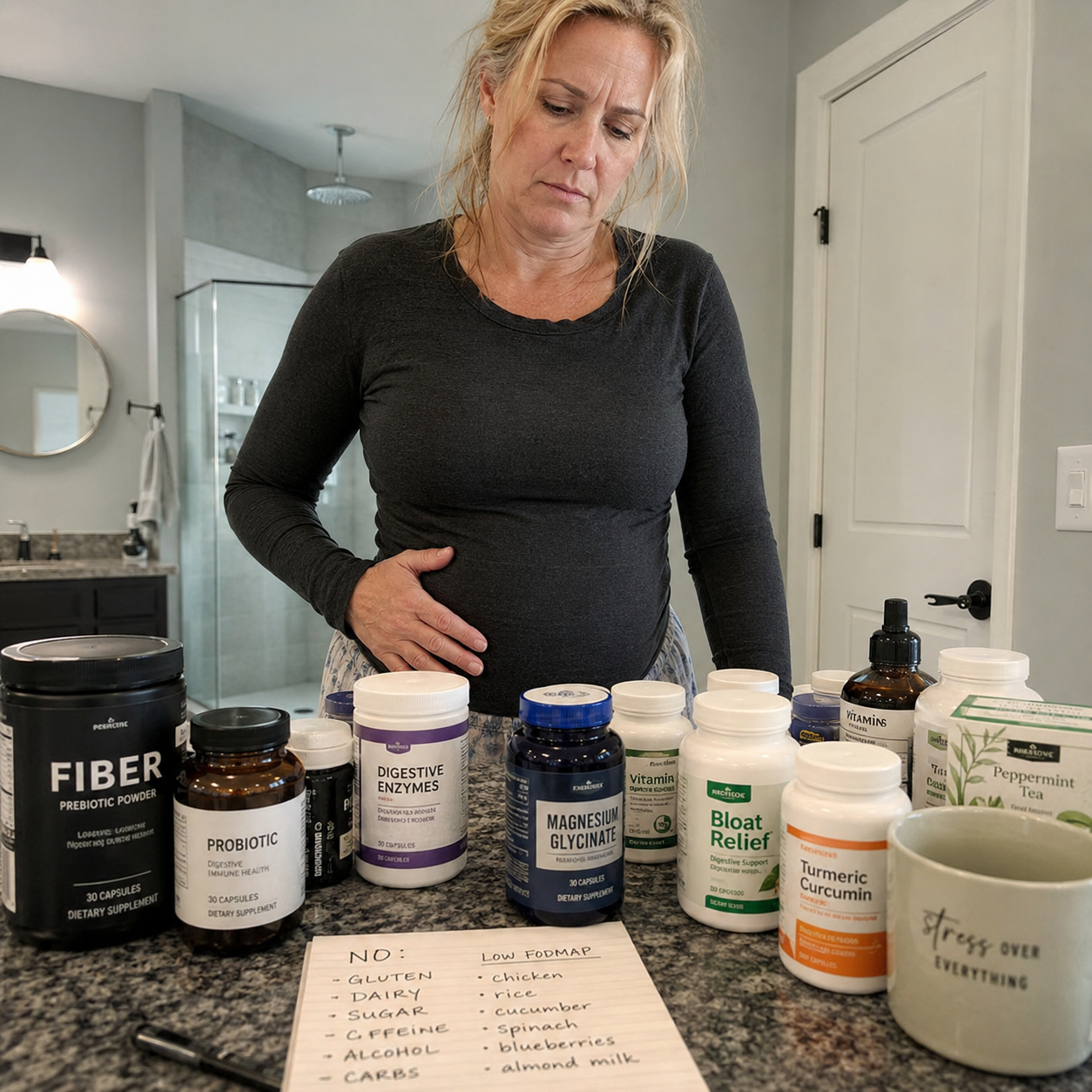 Woman holding bloated stomach next to a countertop of failed supplements and a food-restriction list
