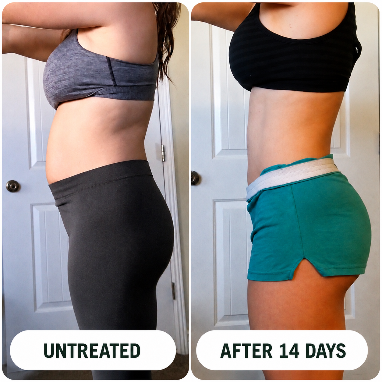 Before and after — untreated vs. after 14 days, less bloating