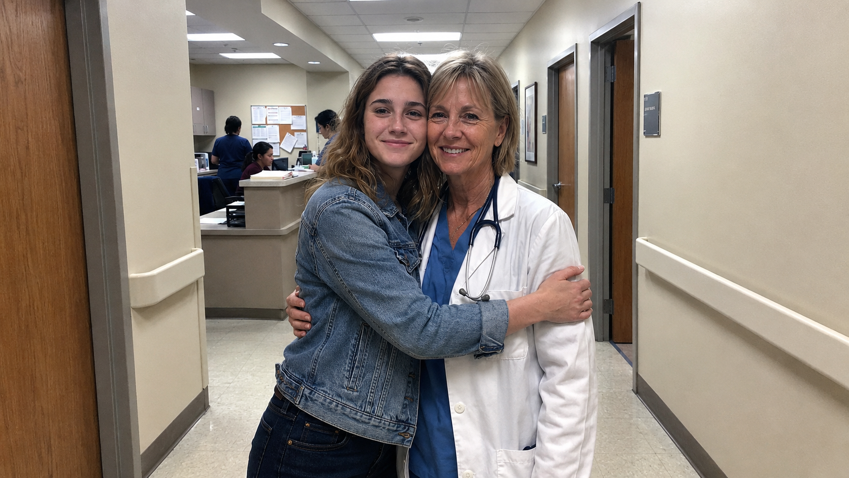 Kayla and her doctor mom at the hospital