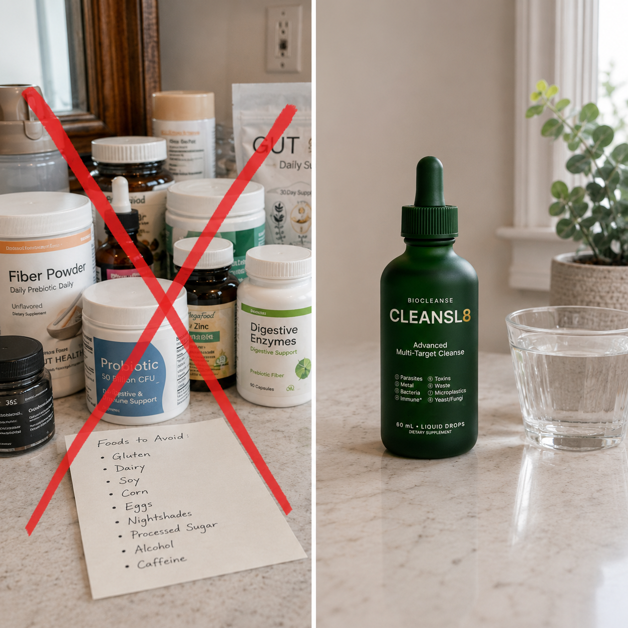 Crossed-out probiotic stack and food-restriction list vs. one CLEANSL8 liquid