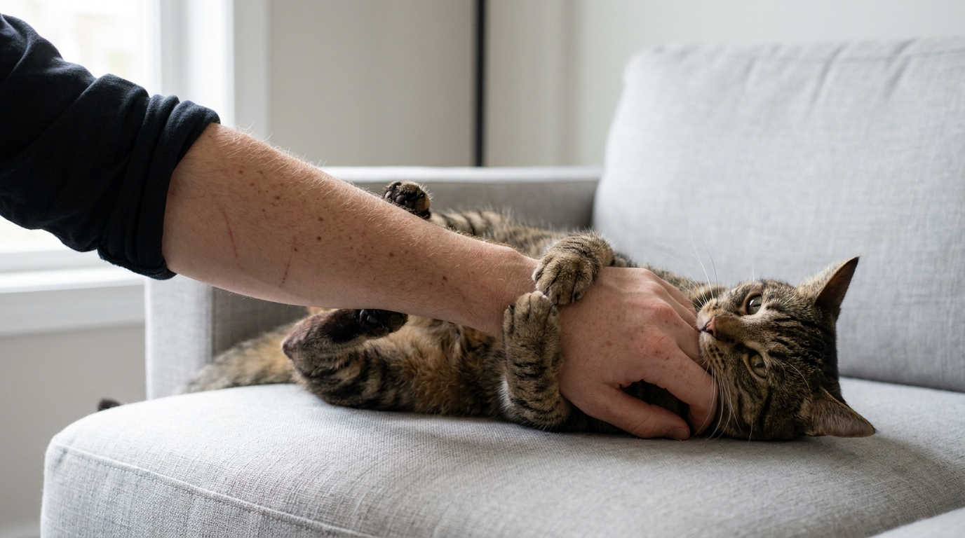 A tabby cat on its back gripping a bare human forearm and play-biting the wrist